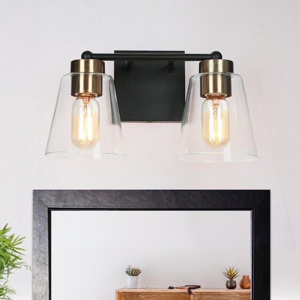 Uolfin Modern Bell Bathroom Vanity Light 2-Light Black and Brass Wall Sconce Light with Clear Glass Shades