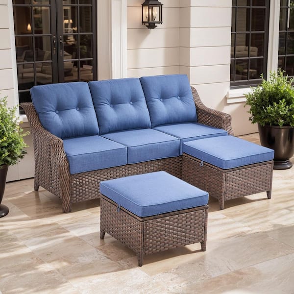 Artisan 3-Piece Brown Wicker Outdoor 3-Seat Couch with High Curved Back and 6 in. Thick Navy Blue Cushions and Ottomans