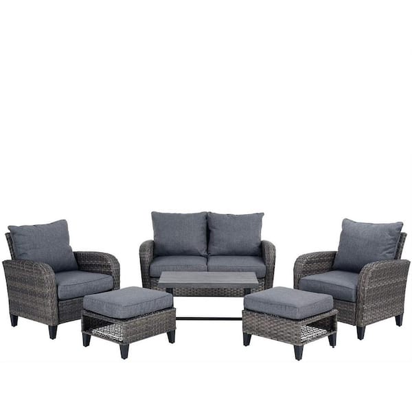 Unbranded 6-Piece Wicker Outdoor Patio Conversation Set with Gray Cushions