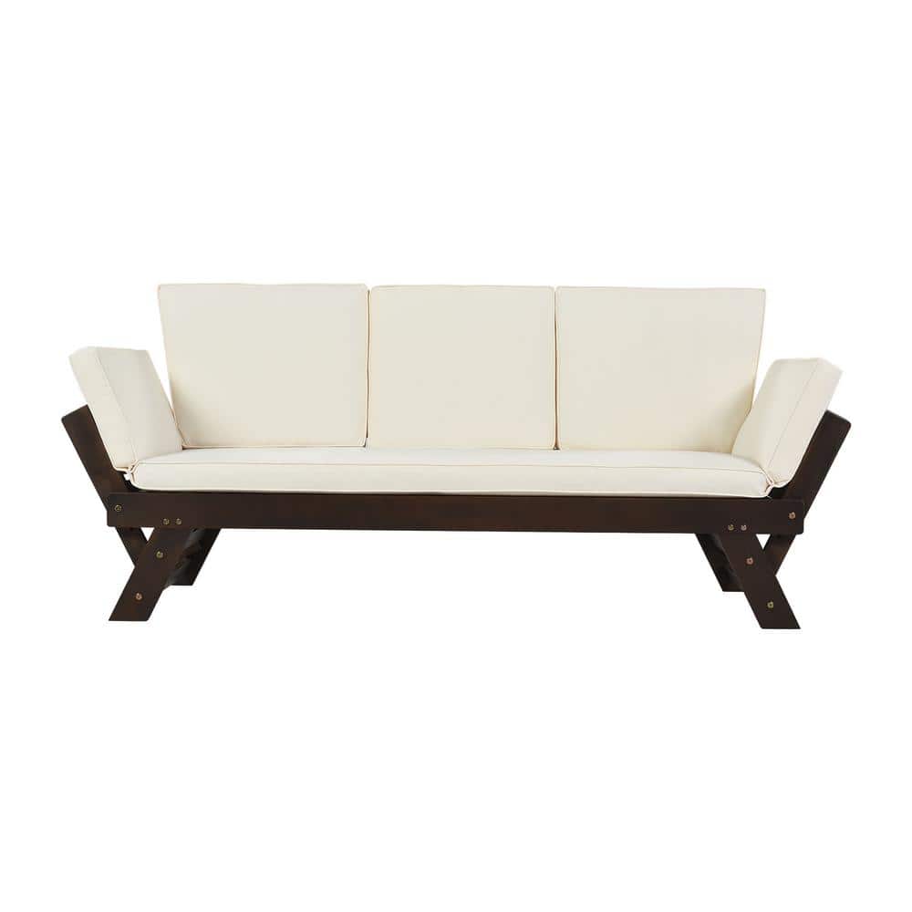 Natalie Brown Acacia Wood Outdoor Patio Adjustable Sofa Couch Chaise with Beige Washable Cushion