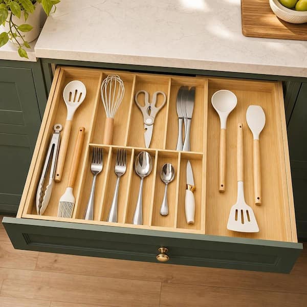 Bamboo Wood Silverware Organizer for Kitchen Drawer, Expandable from 16.7 in. to 30 in. Wide