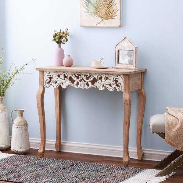 white and natural console table