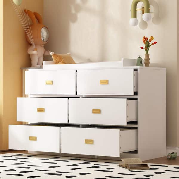 White 6-Drawers 45.1 in. Width Changing Table, Kids Dresser, Nursery Storage Organizer with Shelf