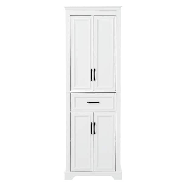 24 in. W x 16 in. D x 71 in. H White Linen Cabinet with 4 Doors, 1 Drawer, Adjustable Shelves