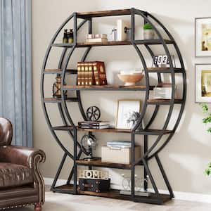 Eulas 69 in. Particle Board 6-Tier Bookshelf, Large Oval Triple Wide Wood Bookcase with Open Back, Brown