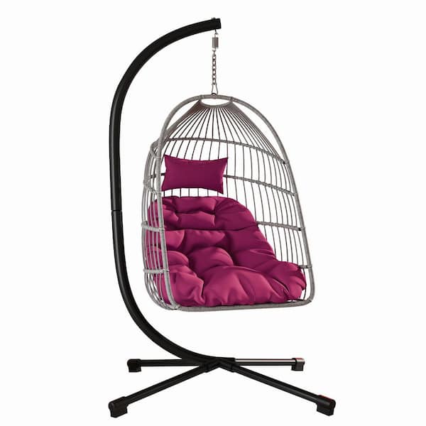 54.72 in. 1-Person Beige Wicker Patio Swing Outdoor Egg Hanging Chair with Stand with X-Shaped Structure & Red Cushion