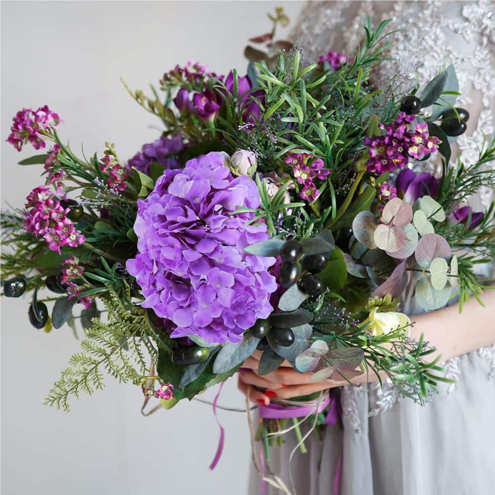 11.1 in. Purple Outdoor Artificial Hydrangea Flower for Decoration (Set of 