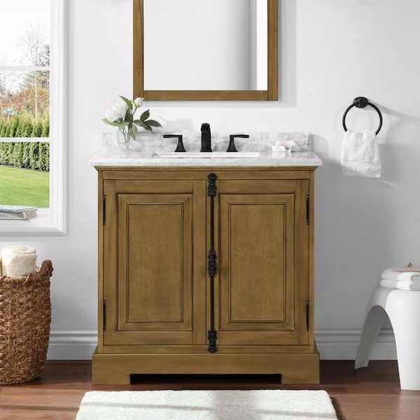 Home Decorators Collection Clinton 36 in. W x 22 in. D x 34 in. H Single Sink Bath Vanity in Almond Latte with Carrara Marble Top