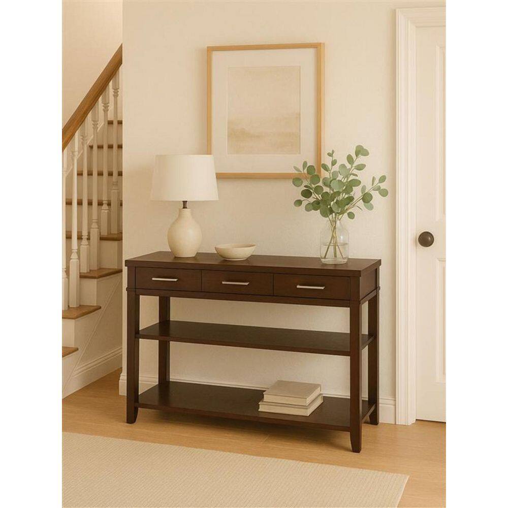 48 in. Regal Walnut Rectangle Wood Console Table with Drawers, Shelves
