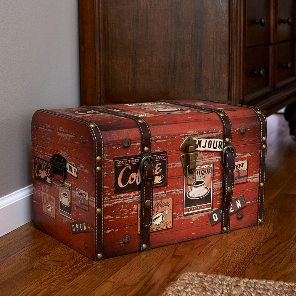 Medium Coffee Shop Decorative Storage Trunk with Leather Straps