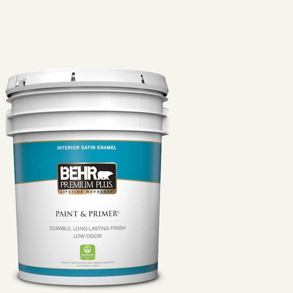 BEHR PREMIUM PLUS 5 gal. #75 Polar Bear Satin Enamel Low Odor Interior Paint & Primer