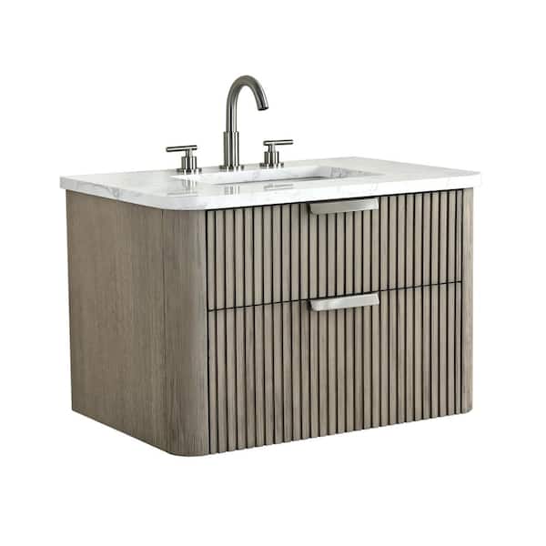 Warren 30 in W x 20 in D x 34 in H Floating Bath Vanity in Vintage Gray, Engineered Stone Top in Arabescato & White Sink
