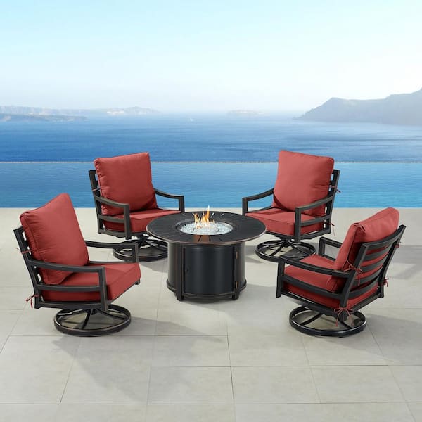 Oakland Living Black 7-Piece Aluminum Patio Fire Pit Set with 4-Club Chairs Red Cushions