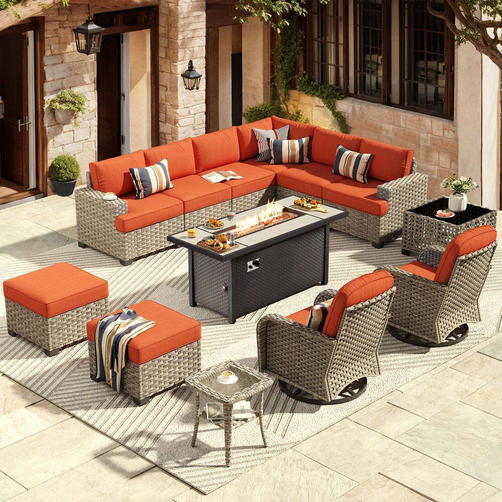 Eternity 13 Pieces Wicker Outdoor Patio Rectangular Fire Pit Set and Swivel Rocking Chairs with Orange Red Cushions price history on PriceWatchPro