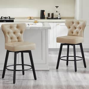 Peregrine 26 in. Beige Swivel Counter Height Bar Stool with Leather Seat, Wood Frame and Button-Tufted Back (Set of 2)