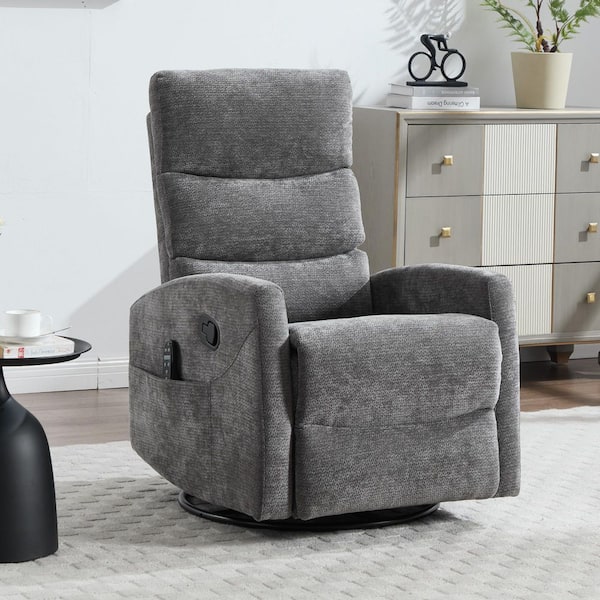 Grey Chenille Manual Swivel Recliner Rocker Chair with Massage and Heat, Side Pocket