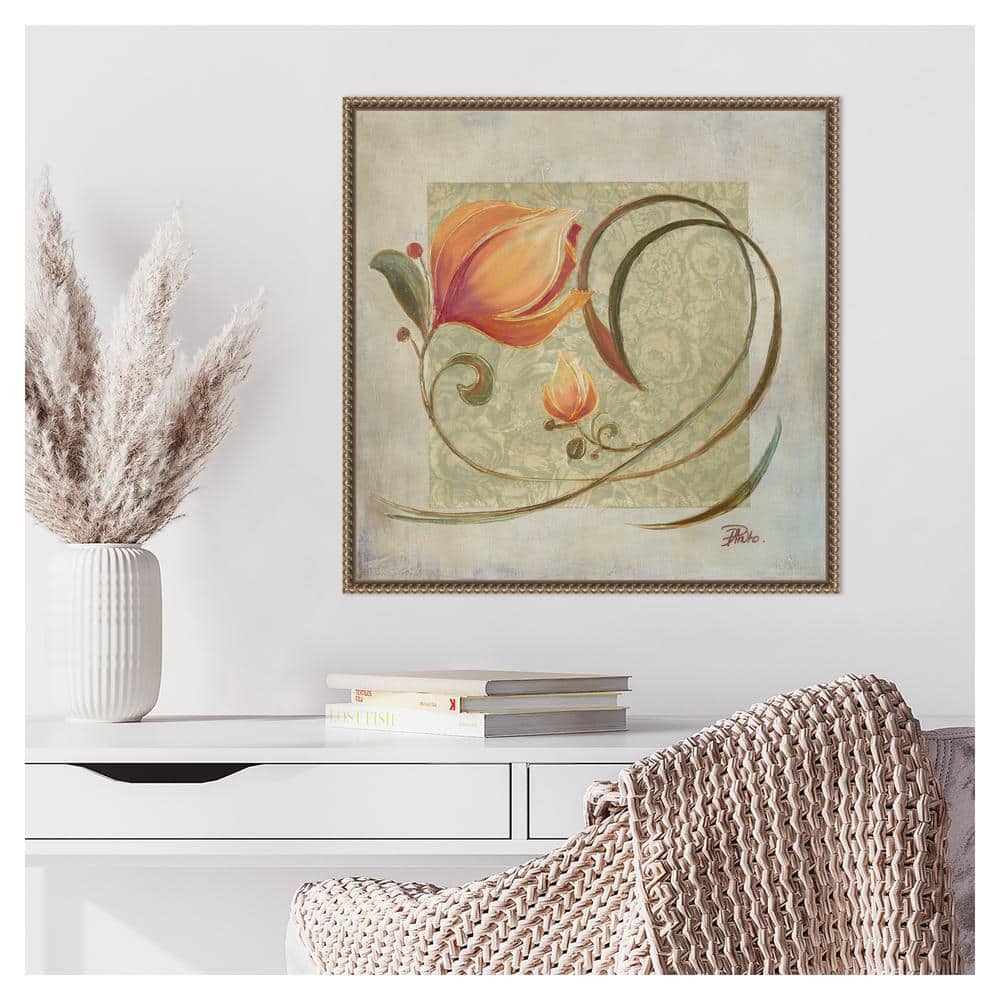 Peach Floral Beaded Bronze Framed Canvas Wall Art