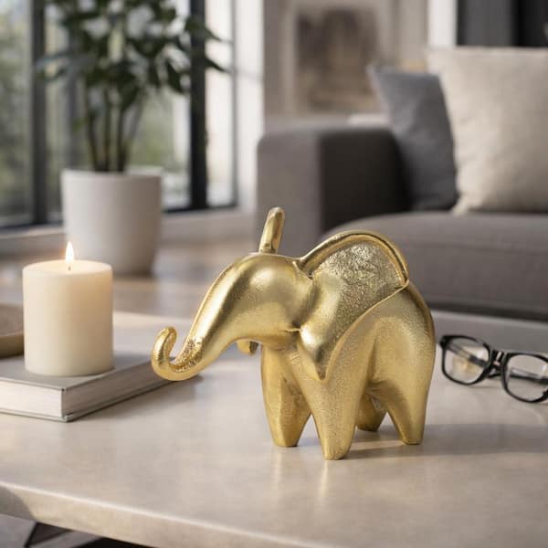 Gold 6.25 in. x 4.75 in. Metal Boho Trunk Up Elephant Figurine