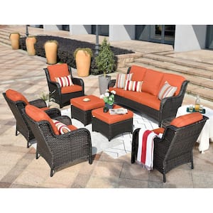 Erie Lake Brown 7-Piece Wicker Outdoor Patio Conversation Seating Sofa Set with Orange Red Cushions