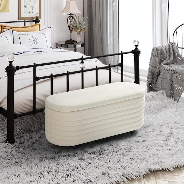 WESTINFURNITURE Farrah 42 in. Wide Oval Velvet Upholstered Entryway Flip Top Storage Bedroom Accent Bench in Ivory