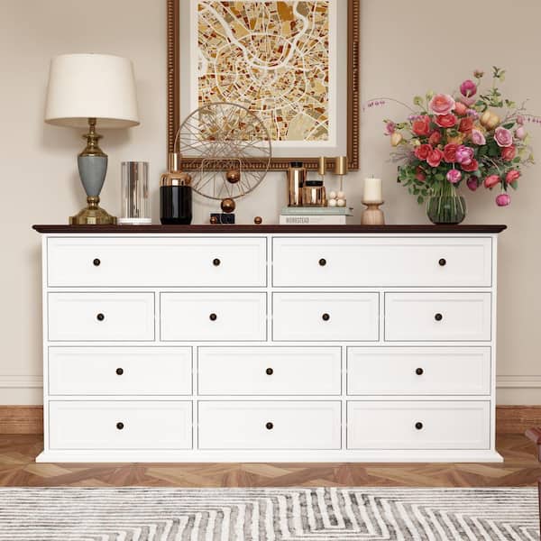 FUFU&GAGA 12-Drawer White Wood Chest of Drawer Sideboard Console Table Vintage Style 31.5 in. H x 61 in. W x 15.7 in. D