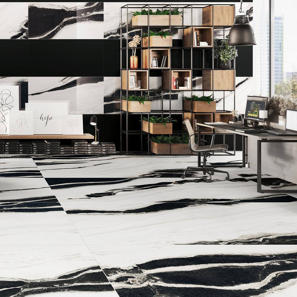 Magnus 24" x 48" Polished Black and White Porcelain Tile