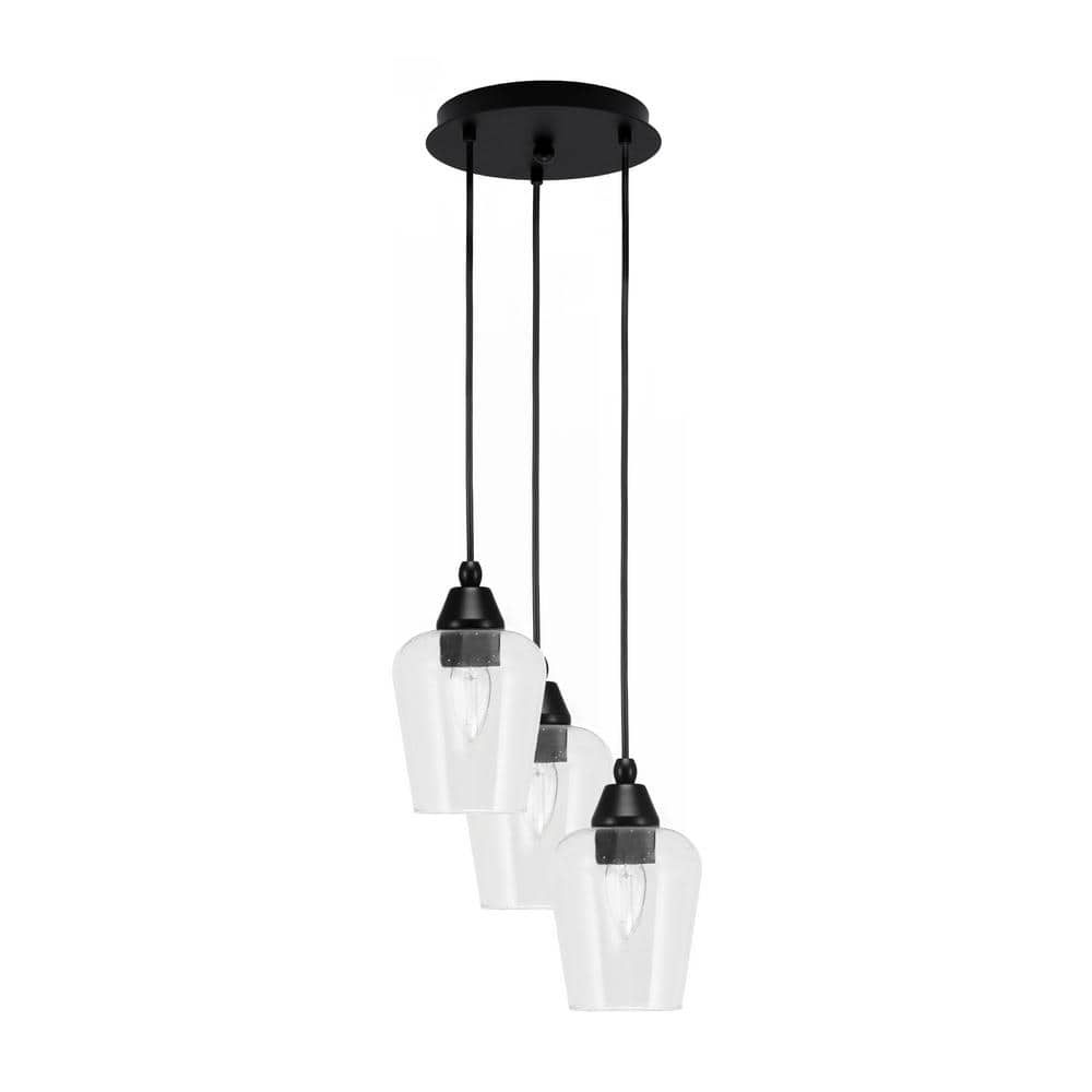 Savannah 10.25 in. 3-Light Matte Black Cord Pendant Light Clear Bubble Glas