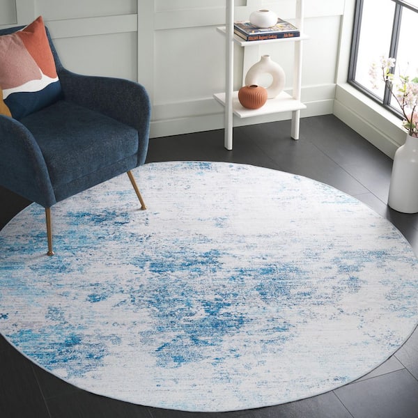 Malibu Beige/Turquoise 6 ft. x 6 ft. Machine Washable Patchy Distressed Round Area Rug