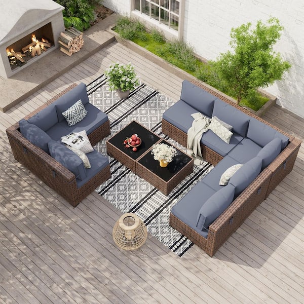 10-Piece Wicker Patio Sectional Conversation Sets With 2 Coffee Table and Gray Cushions
