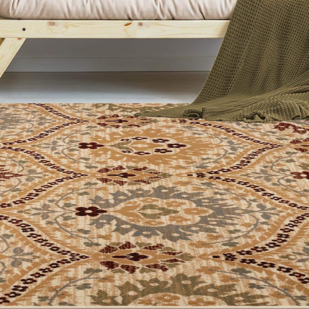 Camel Floral Polypropylene Medium Pile Area Rug 6' x 9'