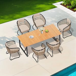 7-Piece Metal 82.7 in. Outdoor Dining Set with Rattan Chairs and Beige Cushions