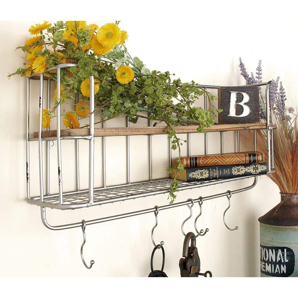 Gray Iron and Wood Wall Shelf with Hooks, Set of 2