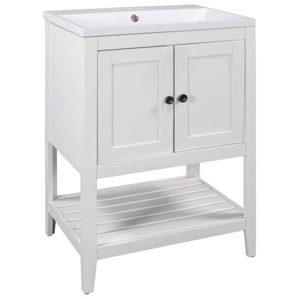 Unbranded 24 in W x 18 in D x 33 in H in Solid Wood Freestanding Bath Vanity in White with White Ceramic Sink and Top, Open Shelf