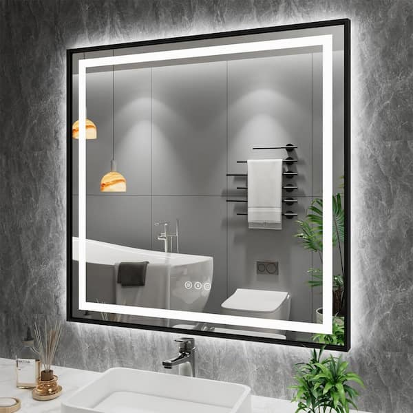 Apmir 38 in. W x 38 in. H Square Framed Front and Back LED Lighted Anti-Fog Wall Bathroom Vanity Mirror in Tempered Glass