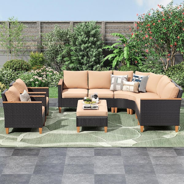 Outdoor 10-Piece Patio Furniture Set with Chairs Armless Sofa in Stain-Resistant Fabric with Beige Cushions