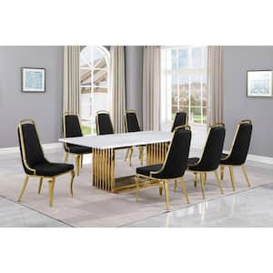 Lisa 9-Piece Rectangle White Marble Top Gold Stainless Steel Dining Set With 8-Black Velvet Gold Chrome Iron Chairs