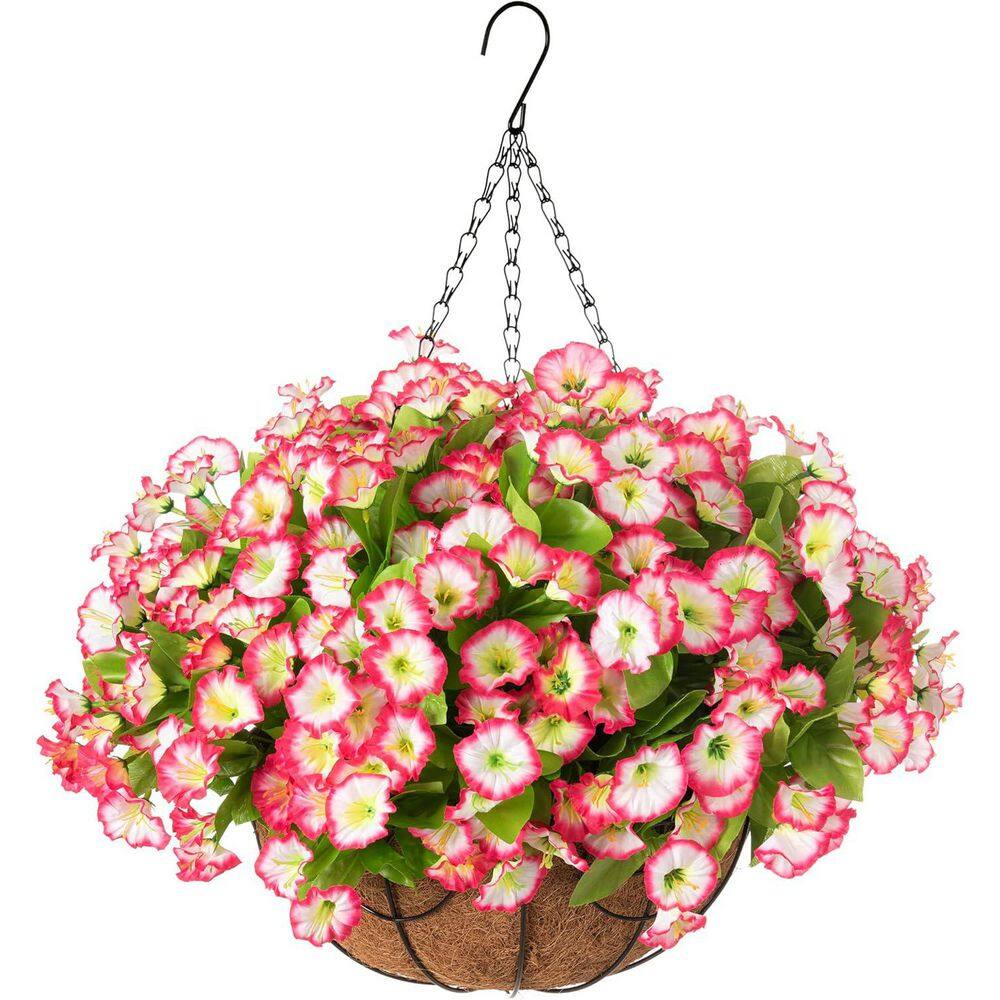 21.3 in. Pink Outdoor Artificial Hanging Petunia Flowers in Brown Basket
