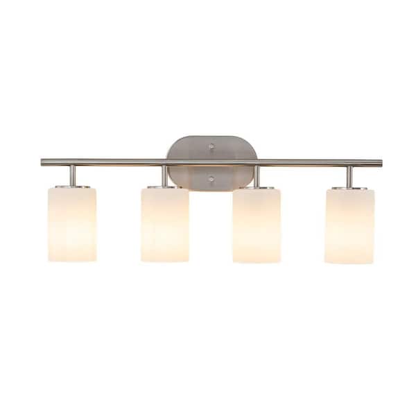 Modern Contemporary 28-in. 4-Light Satin Nickel Vanity Light with Frosted Glass Shades for Bathroom