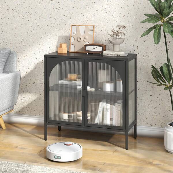 Metal Sideboard Cabinet, Accent Storage Cabinet with 2 Glass doors, with Adjustable Shelves, Black