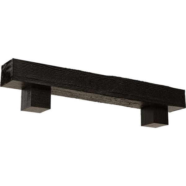 Ekena Millwork 6 in. x 6 in. x 4 ft. Rough Sawn Faux Wood Fireplace Mantel Kit, Alamo Corbels, Premium Walnut