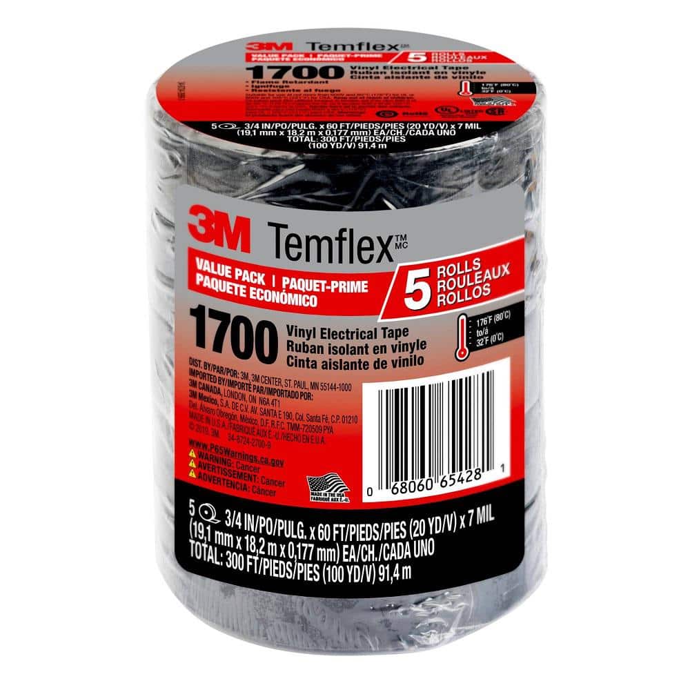 10 pack 10 Rolls 3M Temflex 1700 Vinyl Black Electrical Tape 3/4″ x 60′ FT 