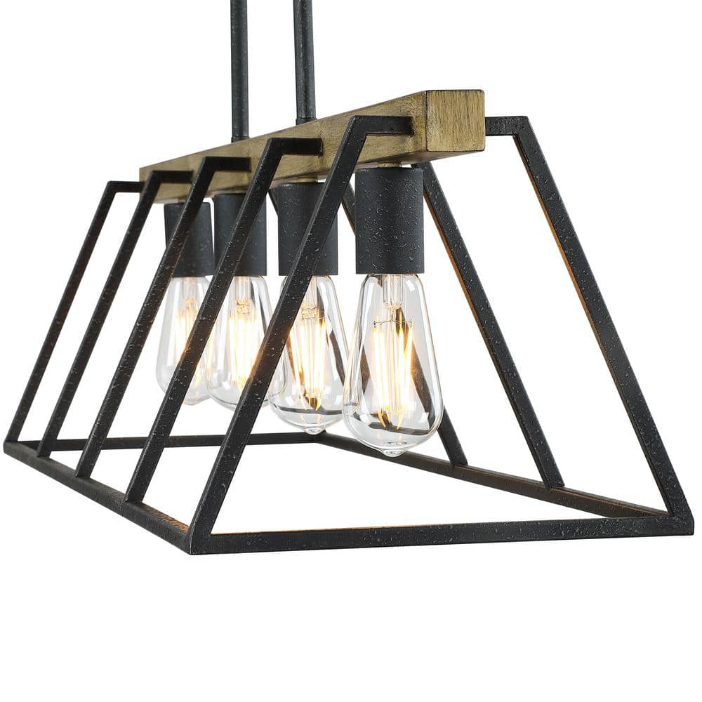 32" Matte Black and Light Brown Metal Lantern Pendant Chandelier