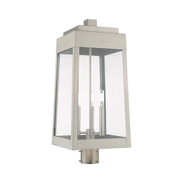 AVIANCE LIGHTING Vaughn 25 in. 3-Light Brushed Nickel Cast Brass Hardwired Outdoor Rust Resistant Post Light with No Bulbs Included