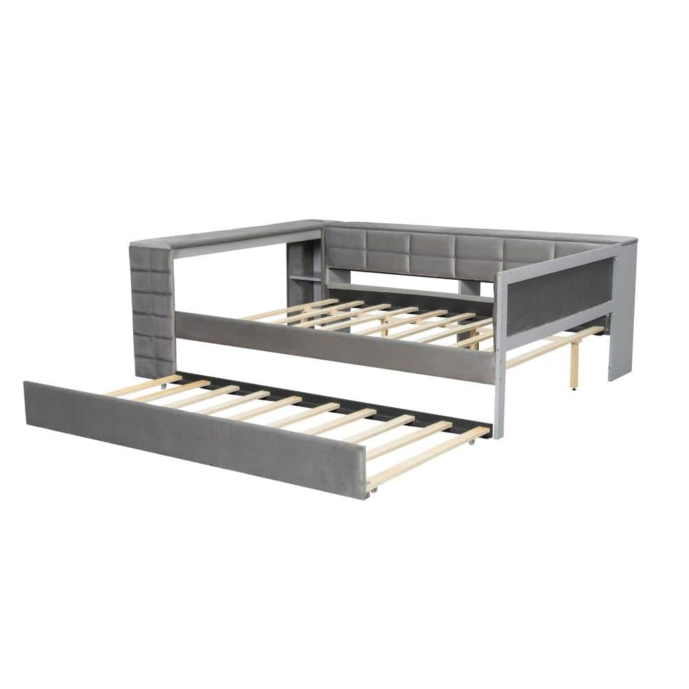 Gray Upholstered Wood Frame Full Platform Bed with Storage Shelves, Desk, Charging Station and Trundle