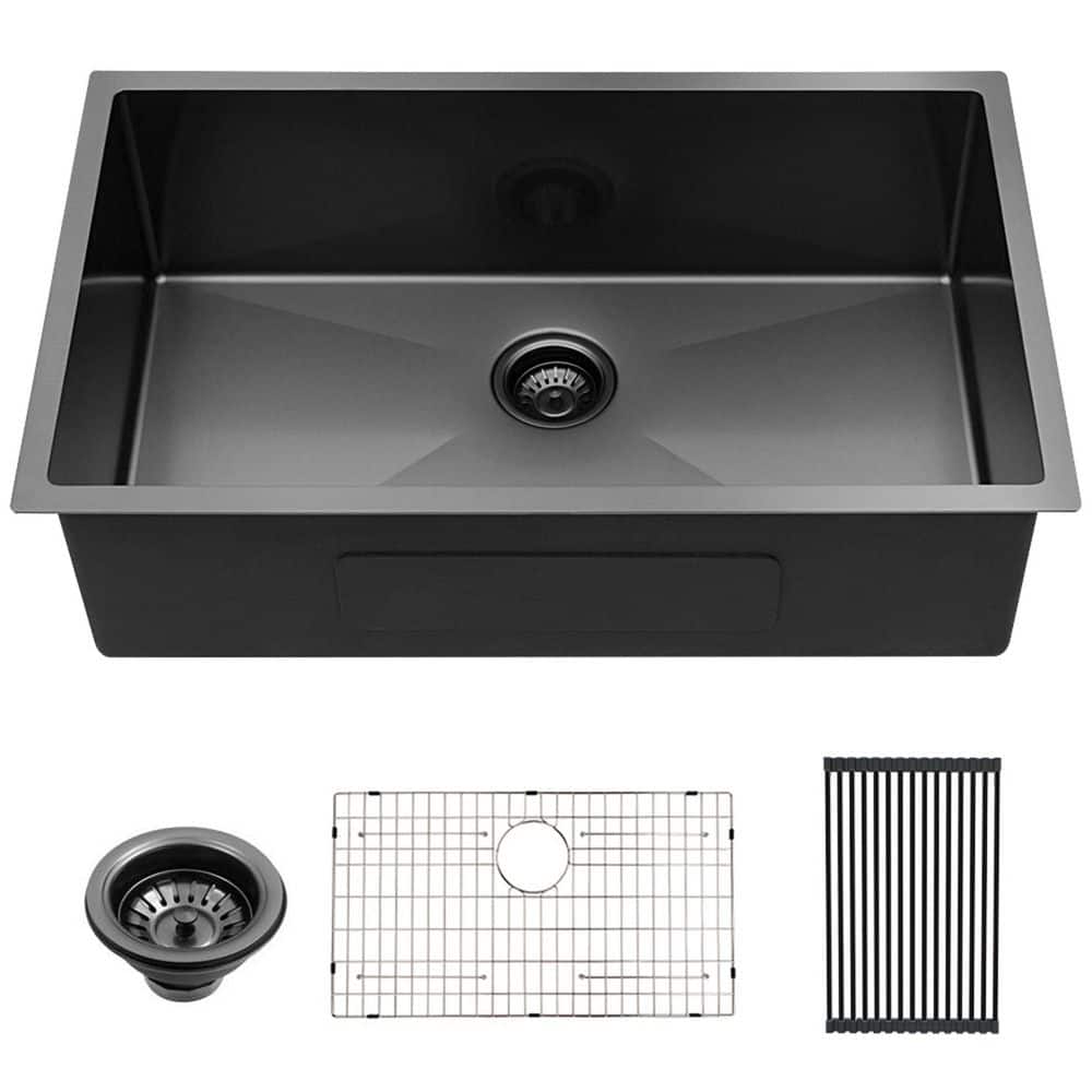 28 in. Undermount Single Bowl 16 Gauge Stainless Steel Gunmetal Black Kitchen Sink Basin with Rolling Drying Rack, Drain price history on PriceWatchPro
