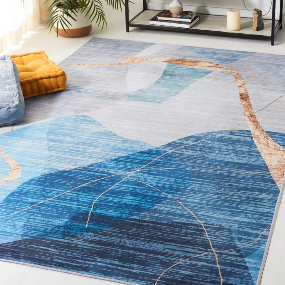 Tacoma Blue Gold Abstract Washable Wool Area Rug