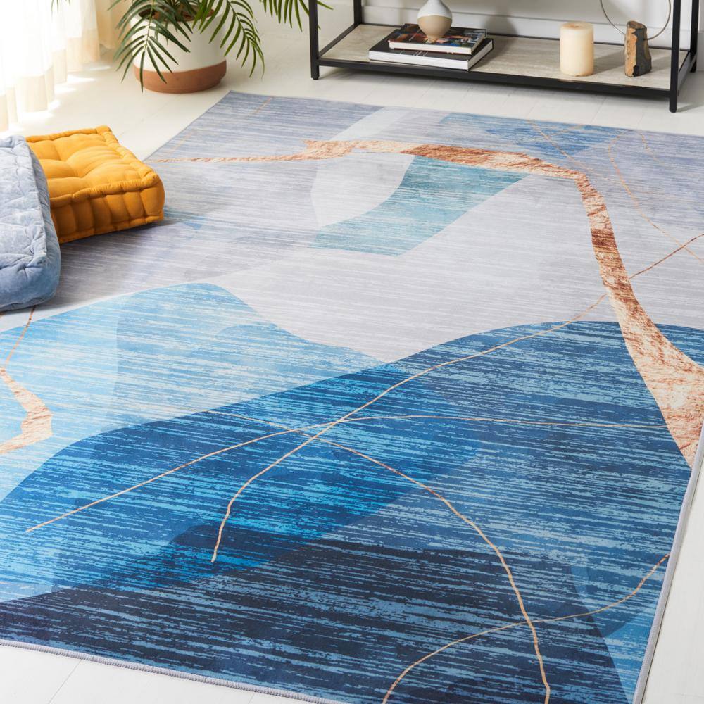 6' x 9' Blue Abstract Washable Wool Synthetic Area Rug