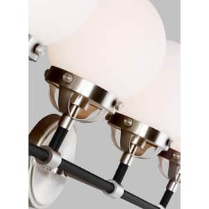 Cafe 38.25 in. W 5-Light Brushed Nickel Vanity Light with Etched/White Glass Shades and Matte Black Frame Accents