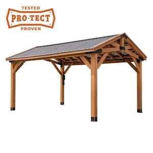 Norwood 16 ft. x 12 ft. All Cedar Wood Outdoor Gazebo Structure with Hard Top Steel Metal Peak Roof and Electric, Brown
