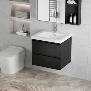 30 in. W Floating Bathroom Vanity in Glossy Black with White Resin Top Basin, Soft Close Drawers